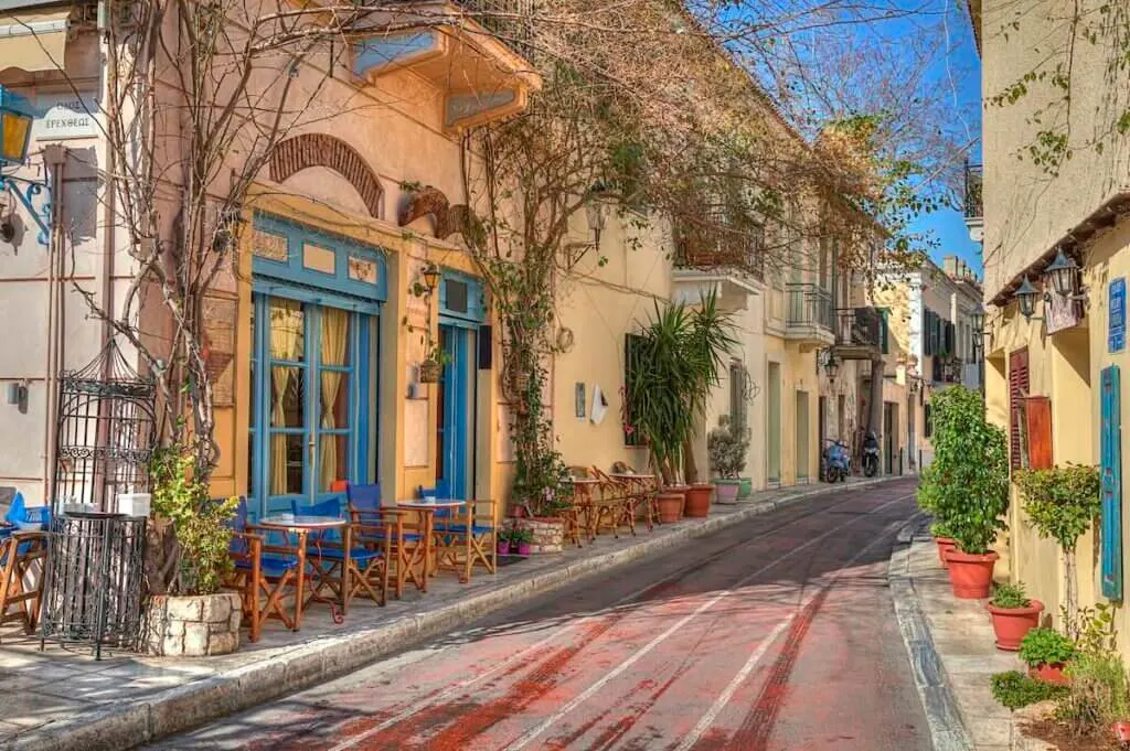Image of traditional houses in the Plaka neighborhood of Athens Greece