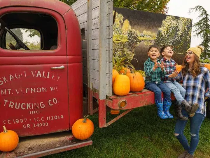 Sitting on a farm truck is a great idea for a pumpkin patch photo shoot