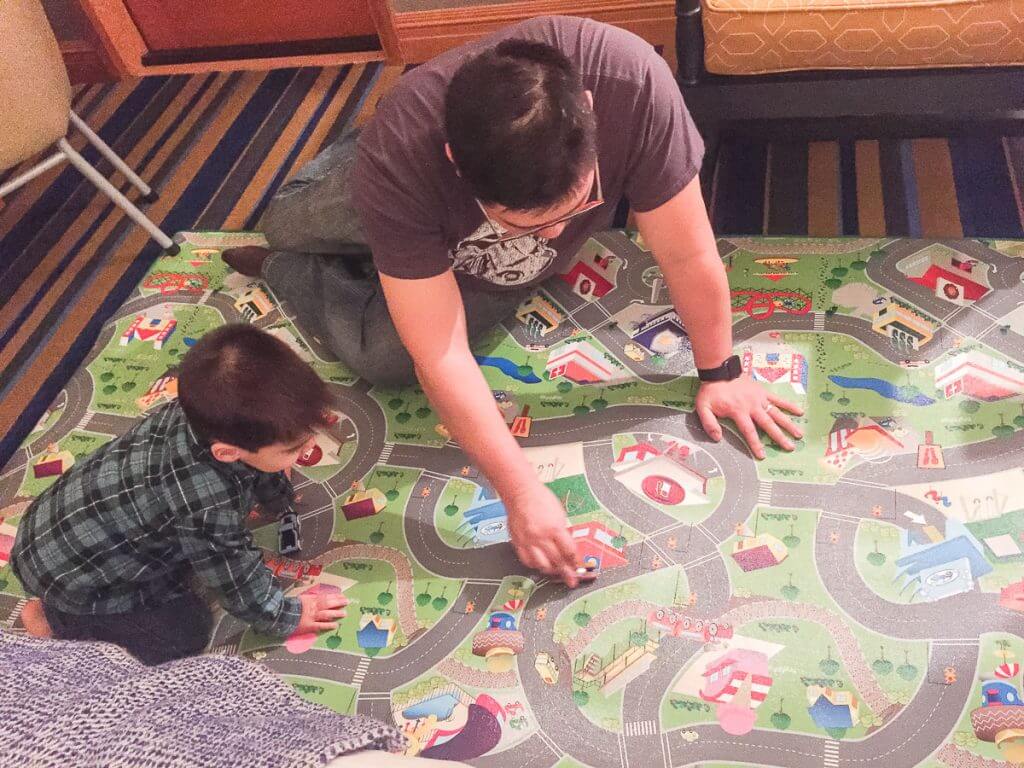 Photo of the awesome kid-friendly play mat available in our Semiahmoo Resort room in Washington State #semiahmoo #semiahmooresort #pnw #familytravel #kidfriendlyresort