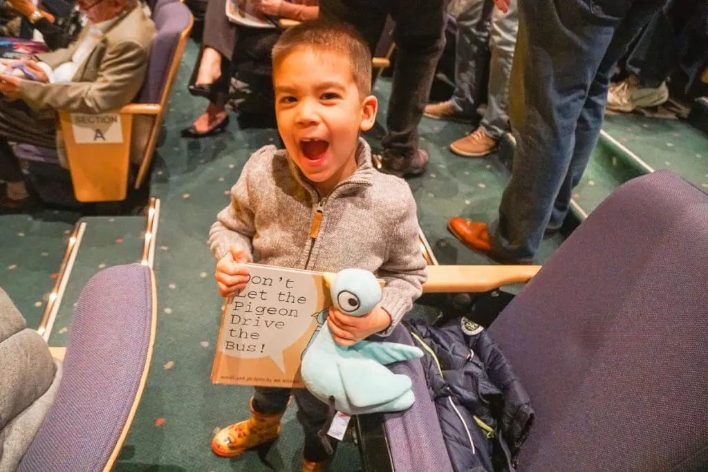 Photo of "Don't let the Pigeon Drive the Bus" and a stuffed pigeon from Mo Willems books
