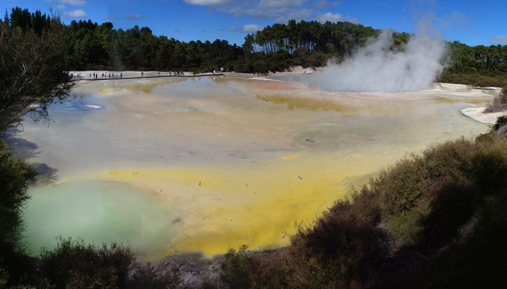 Photo of Waiotapu geothermal park, one of the top attractions in Rotorua, New Zealand and a fun thing to do in New Zealand with kids #rotorua #auckland #newzealand #familytravel #waiotapu
