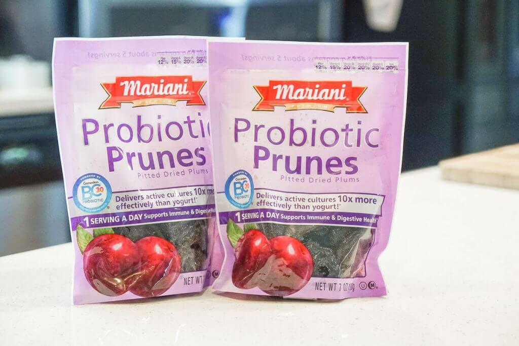 Photo of Mariani Probiotic Pitted Prunes, which help with digestive health and keep your gut healthy. #marianisuperprunes #probiotic #healthysnacks #toddlersnacks