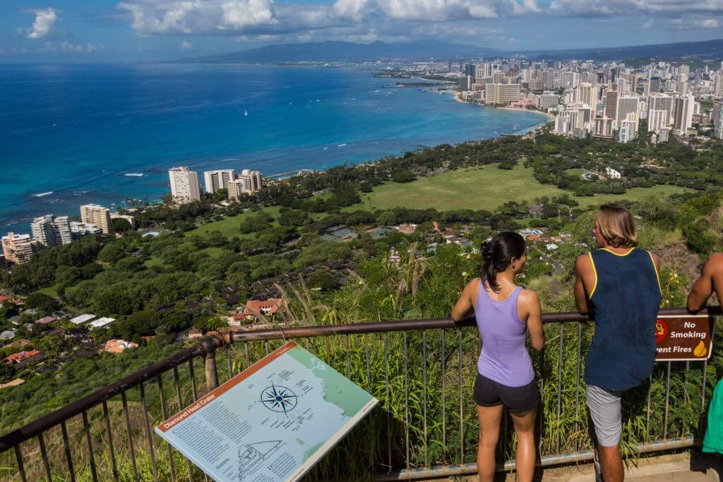 Photo of the hike to Diamond Head (also known as the Leahi hike) overlooking Waikiki and Honolulu on the island of Oahu. This is one of the most popular Oahu hikes for families. Read more in my Oahu travel guide for families. #oahu #diamondhead #leahi #oahuhike #oahuhiking #hiking #hawaii #familytravel 