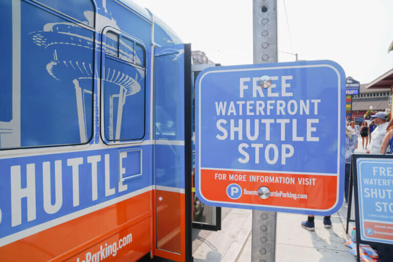 Photo of the FREE Seattle Waterfront Shuttle, the newest Seattle tour bus specifically for the Seattle waterfront, Seattle Center, Pioneer Square, Century Link Field and more! #seattlewa #visitseattle #seattlewaterfront #seattletour #seattletourbus #spaceneedle