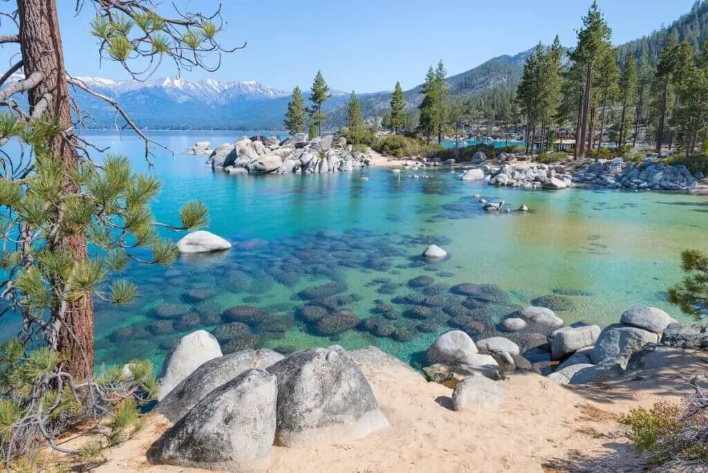 Beautiful blue clear water on the shore of the lake Tahoe