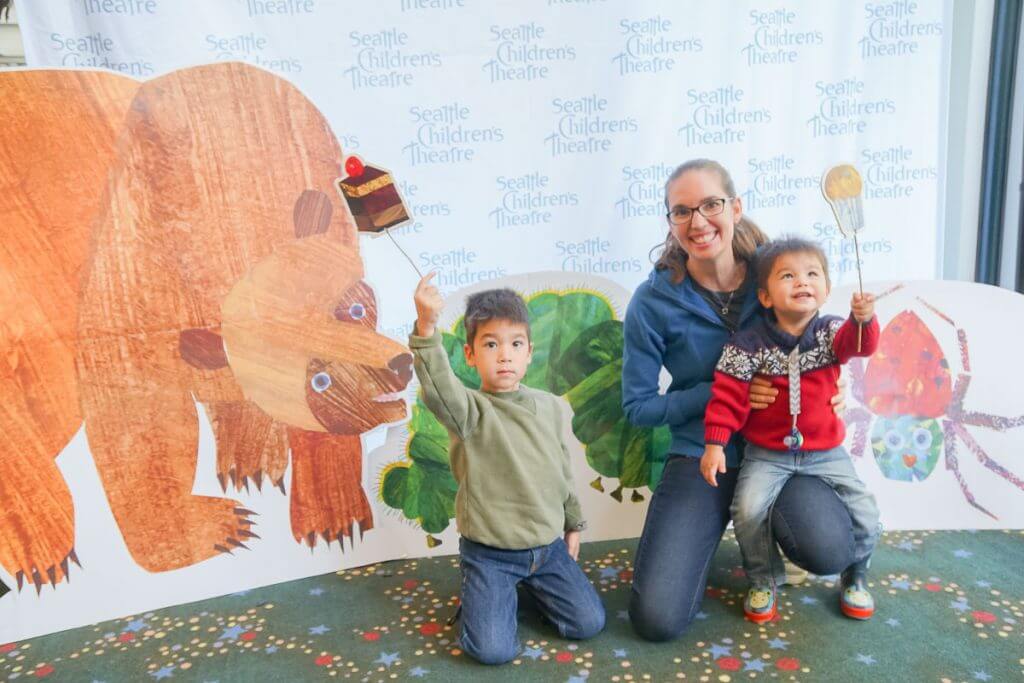 Photo of the photo op at the Seattle Children's Theatre production of The Very Hungry Caterpillar Show #brownbear #ericcarle #seattle