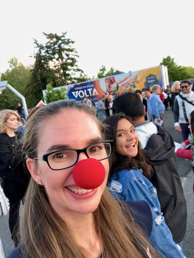 Photo of opening night of Cirque du Soleil VOLTA, featuring clown noses amongst other festivities near Seattle, WA #cirquedusoleil #VOLTA #marymoorpark #seattlewa