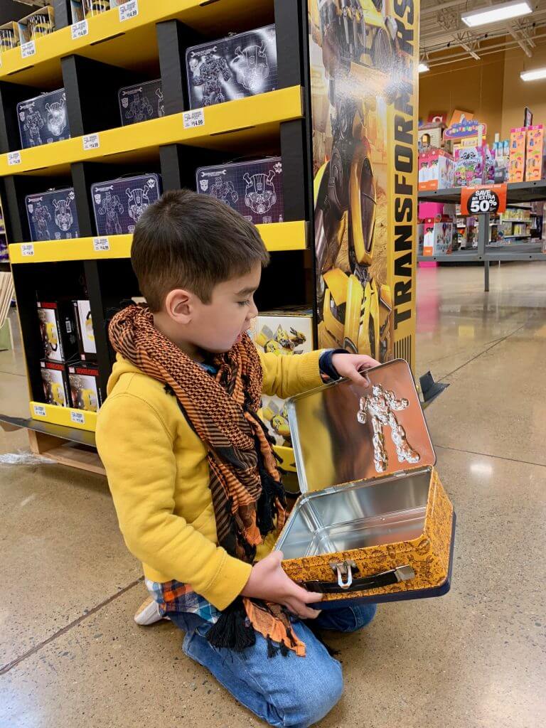 Photo of a Transformers Bumblebee tin tote that could be a lunchbox or toy storage #transformers #bumblebeemovie #fredmeyerstores