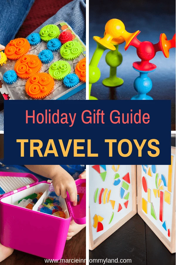 Looking for gifts for kids who love to travel? Check out these travel gift ideas perfect for long airplane rides and road trips! Click to read more or pin to save for later. www.marcieinmommyland.com #holidaygiftguide #traveltoys #flyingwithkids #roadtrip #toys