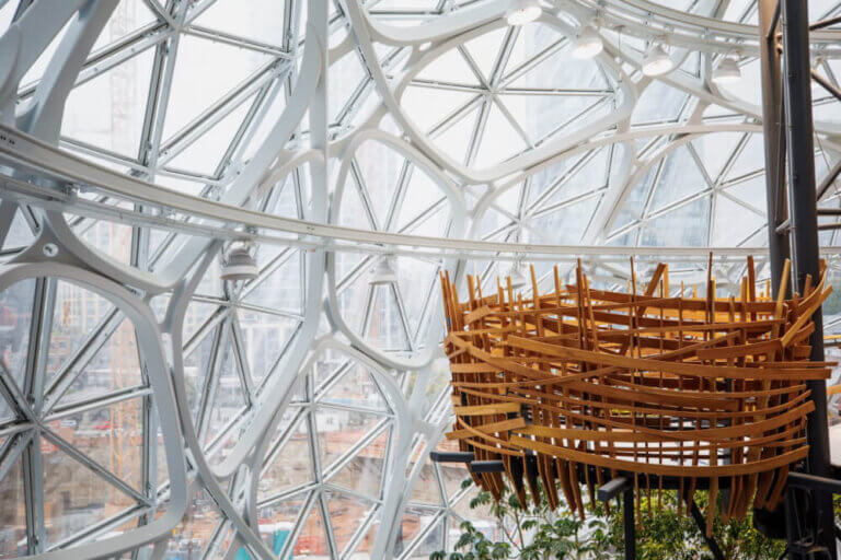 Construction progress of interior views of The Spheres, photographed Thursday, Aug. 31, 2017, in Seattle, WA. (JORDAN STEAD / Amazon) | Seattle Amazon Spheres tour featured by top Seattle family travel blogger, Marcie in Mommyland