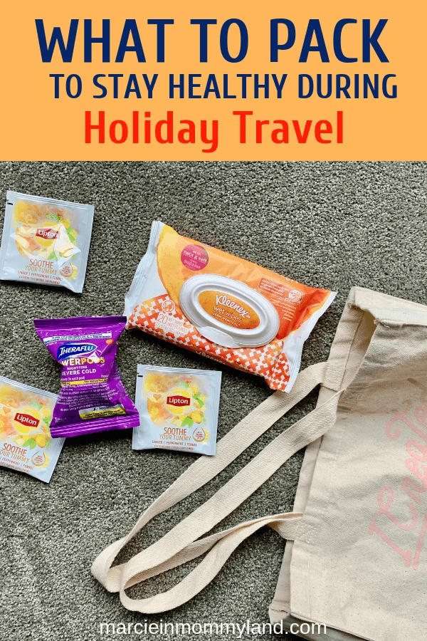 #ad Traveling this holiday season? Find out what to pack to stay healthy and soothe your symptoms. Click to read more or pin to save for later. www.marcieinmommyland.com #theraflu #kleenex #lipton