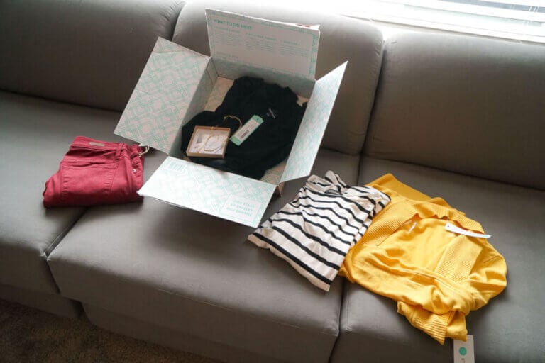 Photo of my styled Stitch Fix box from Dec 2018 | Stitch Fix review featured by top Seattle life and style blogger, Marcie in Mommyland: image of Stitch Fix unboxing