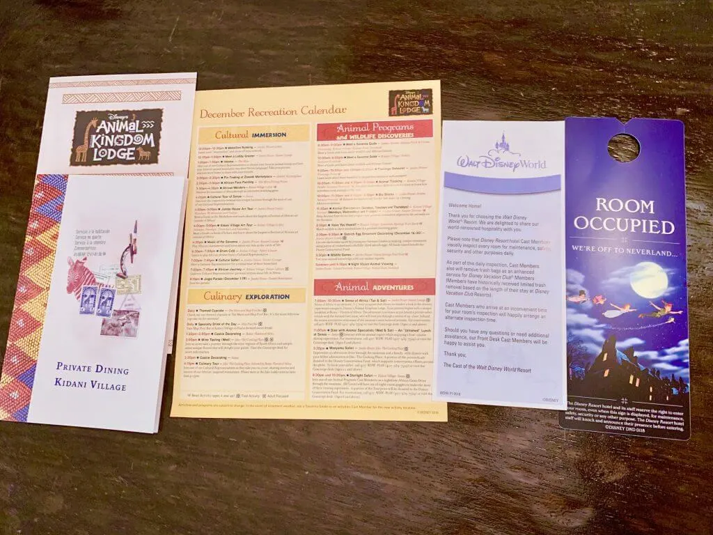 The Ultimate Review of Kidani Village at Walt Disney World featured by top US Disney blogger, Marcie and the Mouse: Photo of the brochures for Kidani Village at Disney's Animal Kingdom Lodge at Walt Disney World #animalkingdome #kidanivillage #waltdisneyworld #disneyworld