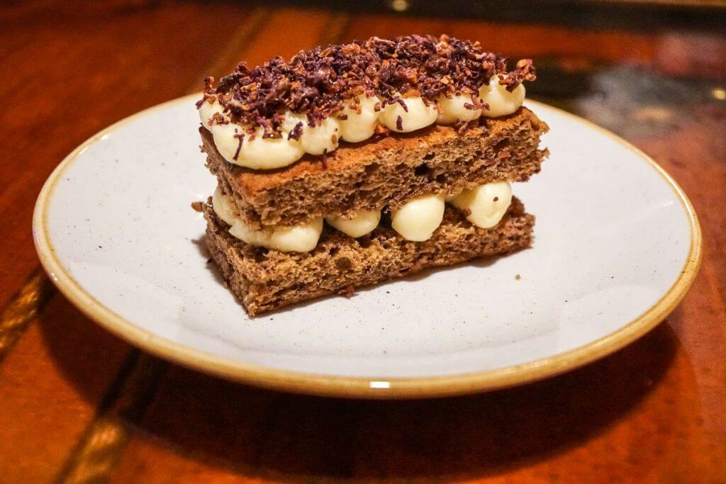 Purple carrot cake with cream cheese frosting at Fisherman's Restaurant & Bar in Seattle, WA