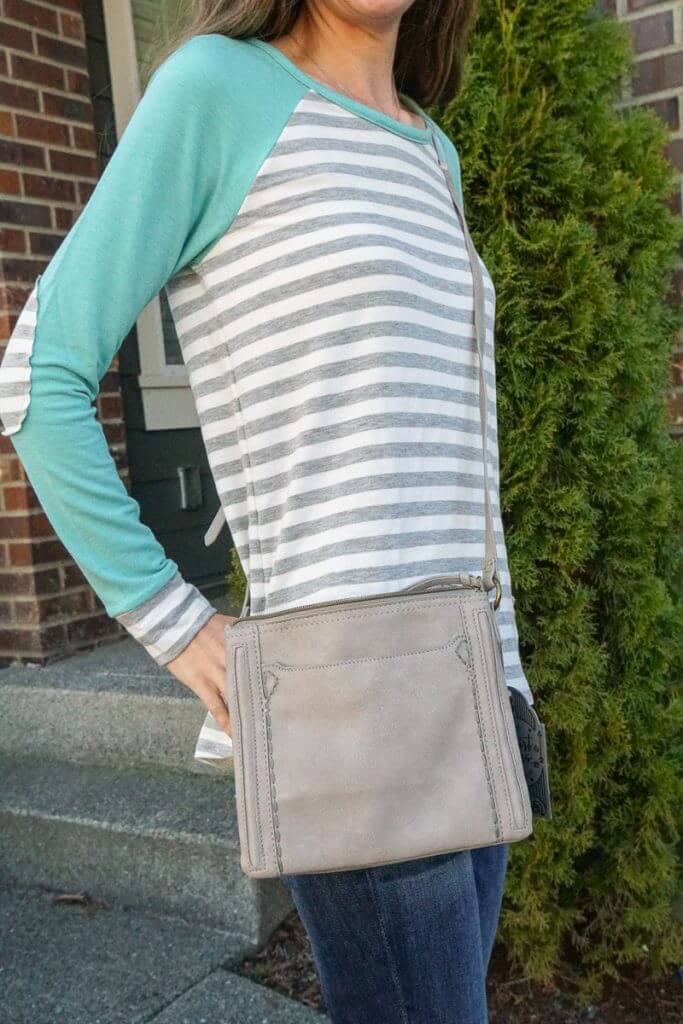 My March 2019 Stitch Fix box had a grey T-Shirt & Jeans Caren Double Zipper Crossbody Bag.