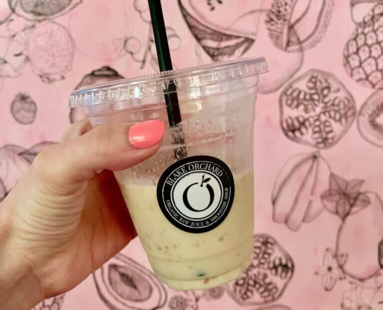 Portland Old Port Maine Food Tour featured by top US travel blogger, Marcie in Mommyland: Fresh almond milk smoothie from Blake Orchard in Portland Old Port as part of a Maine Foodie Tour.