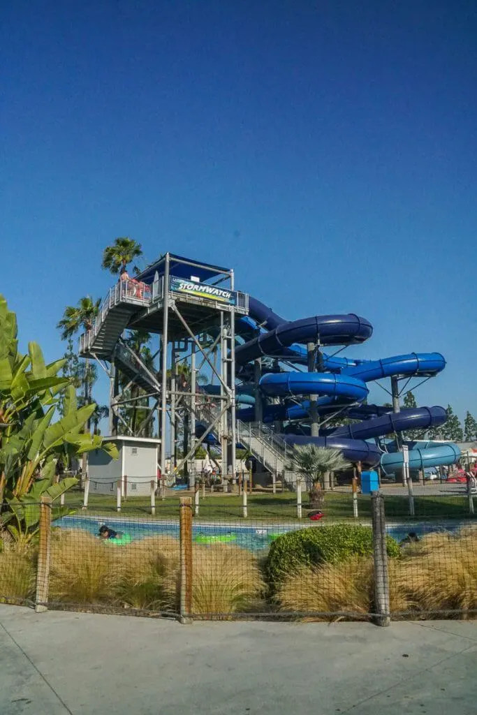 Kids 42 inches and taller will love racing down the waterslides at Laguna Storm Watch Tower at Knotts Soak City in Buena Park CA