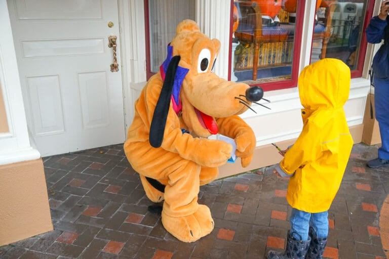 Check out these tips for visiting Disneyland in the rain by top Disney blog Marcie in Mommyland. Image of a boy meeting Pluto while wearing a rain jacket