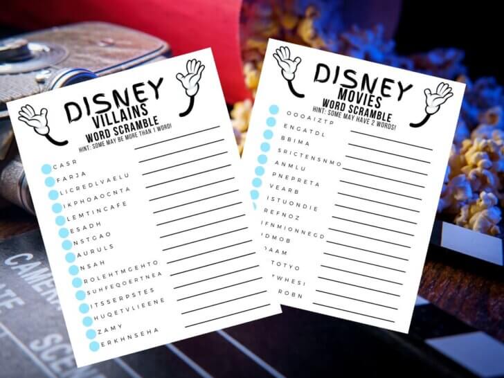 Disney Word Scramble Game FREE printable featured by top US Disney blogger, Marcie in Mommyland