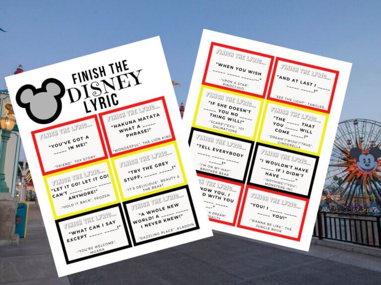 Get this free printable Disney Finish the Lyrics game by top Disney blog Marcie in Mommyland.