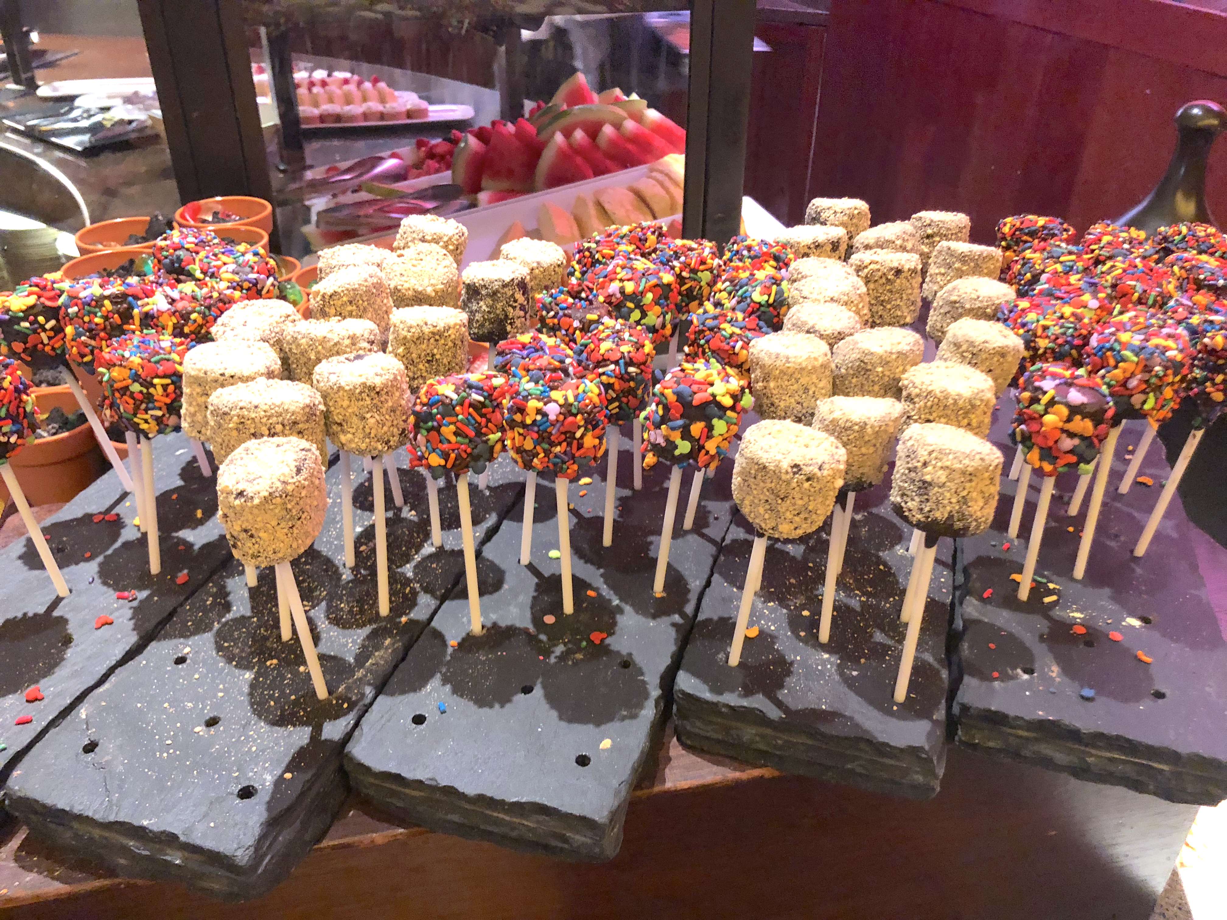 Aulani Resort Dining Guide featured by top US Disney blogger, Marcie and the Mouse: Marshmallows on sticks as part of the dessert buffet at Makahiki restaurant at Aulani Resort