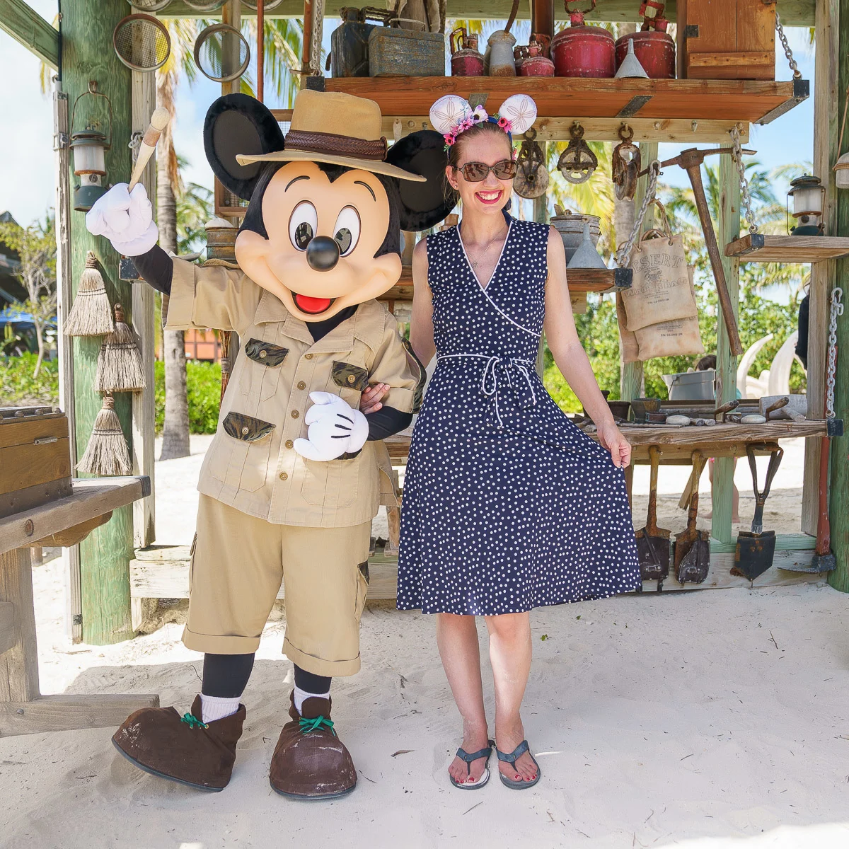Top 10 Things to Do on Disney Fantasy featured by top US Disney blogger, Marcie and the Mouse: Meeting Mickey Mouse in his archeologist gear at Castaway Cay