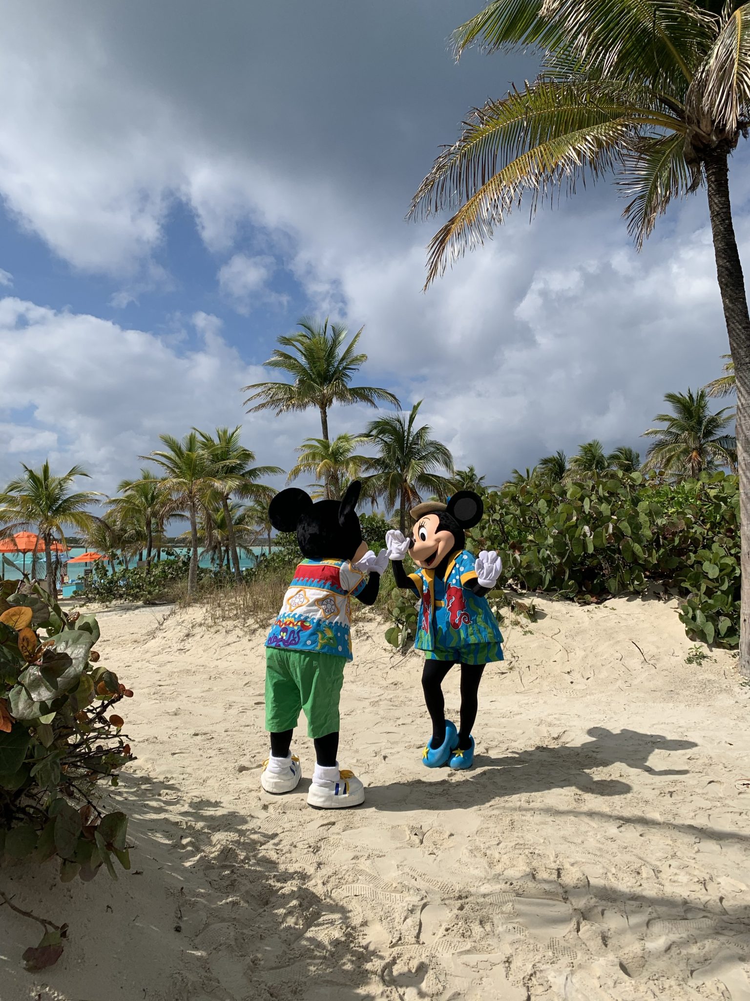 Castaway Cay Activities: a Complete Guide to Beaches and Events featured by top US Disney blogger, Marcie and the Mouse: Mickey and Minnie greet each other during a Castaway Cay character photo spot swap