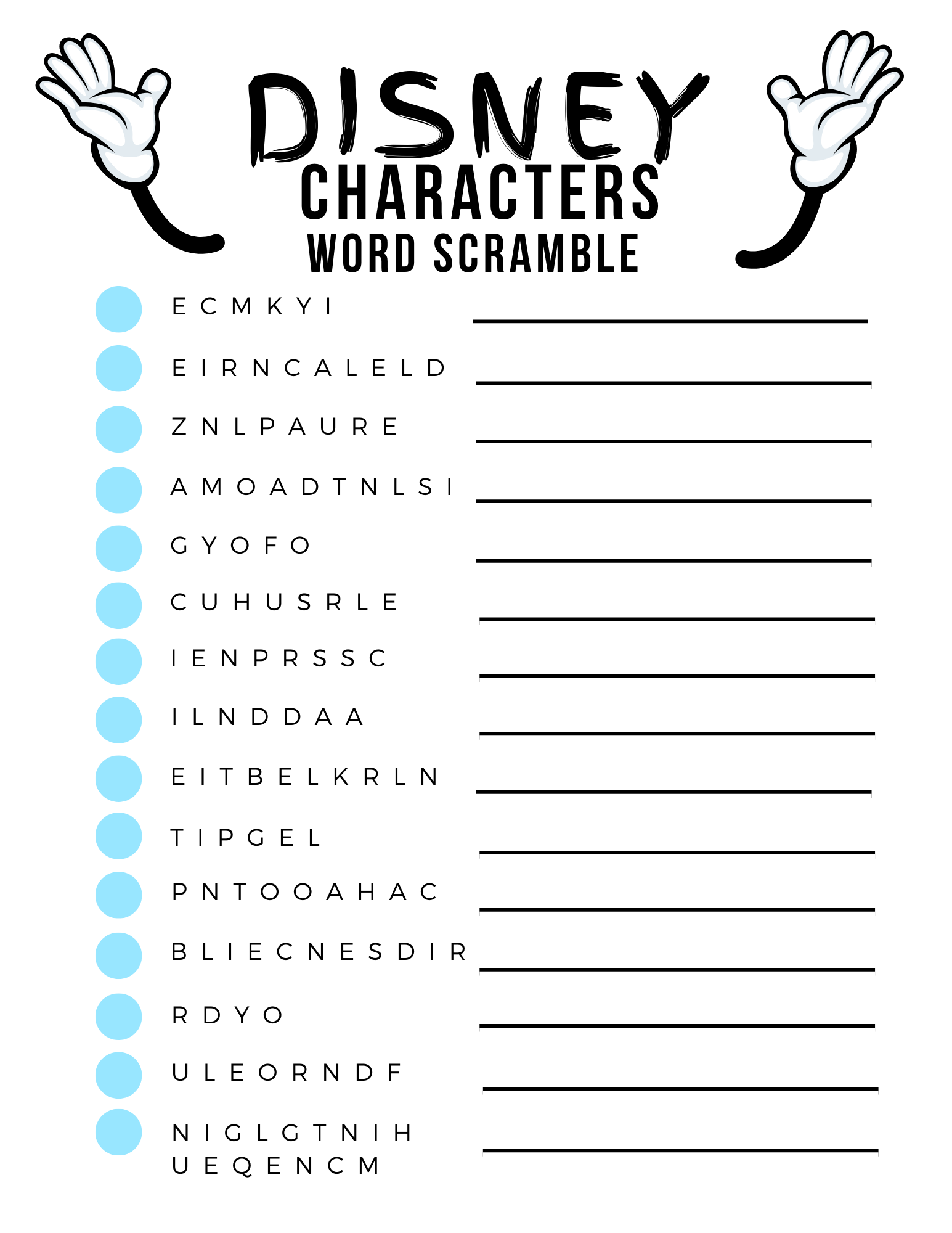 Disney Word Scramble Game FREE printable featured by top US Disney blogger, Marcie and the Mouse.