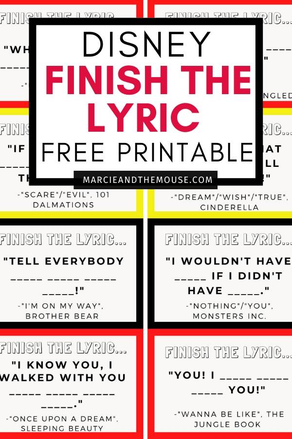Finish the Lyrics Game Disney Edition featured by top US Disney blogger, Marcie and the Mouse.