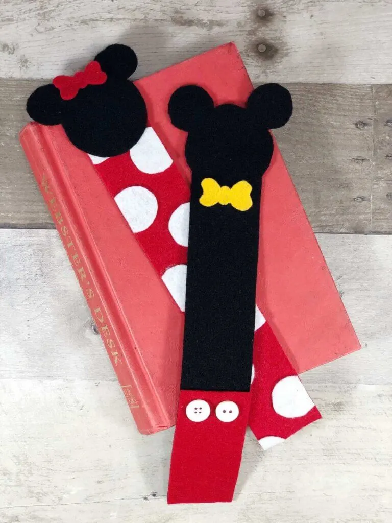 Image of the finished Disney bookmark craft on top of a red book