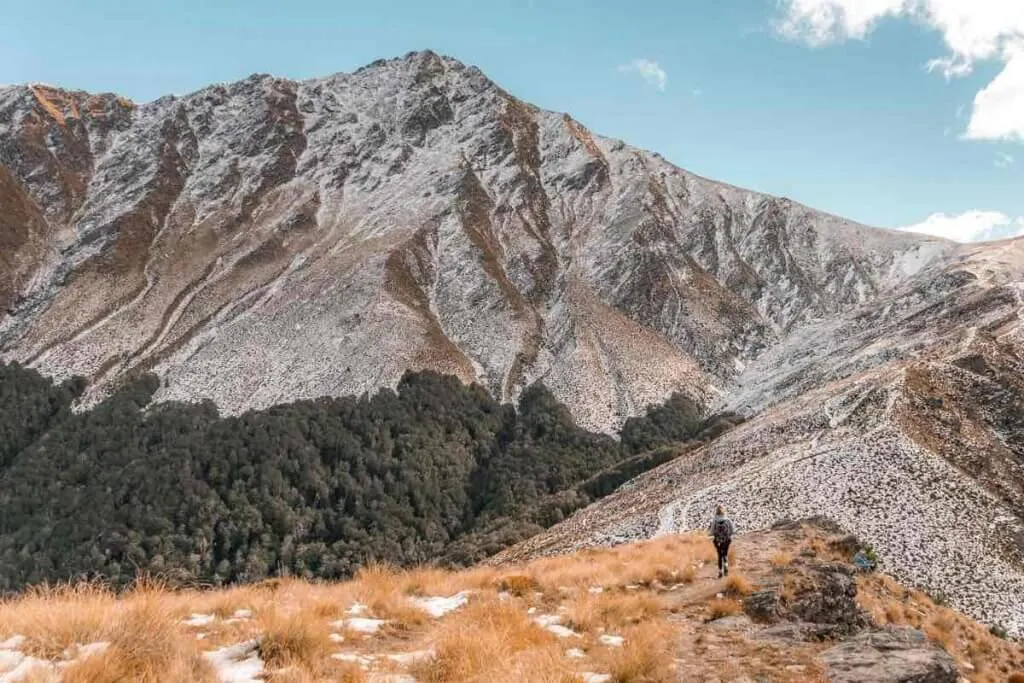 Ben Iomond Track is a New Zealand South Island must see. Image of a hiker walking along a trail surrounded by majestic mountains.