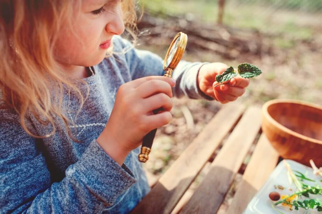 child girl exploring nature in early spring, looking at first sprouts with loupe. Teaching kids to love nature.