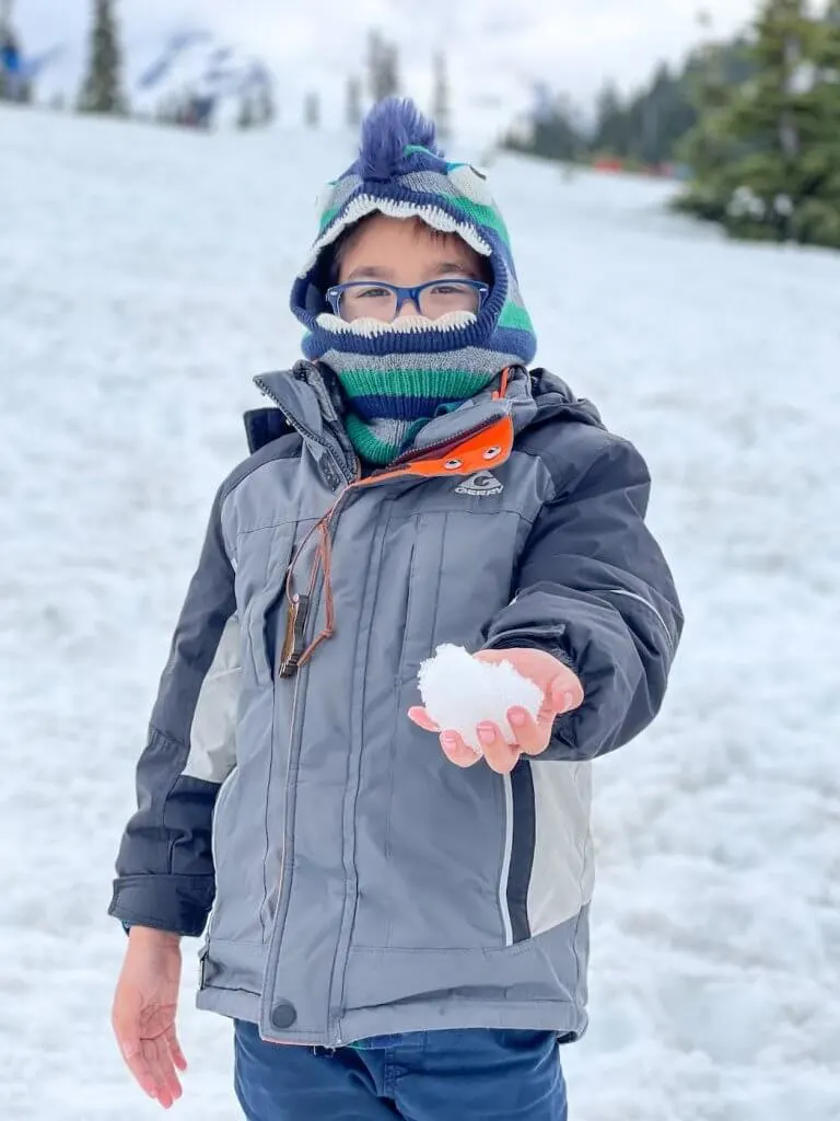 Yes, there was still snow in May at Mount Rainier National Park! Image of a boy holding a snowball.