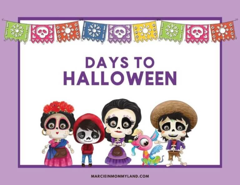 Get this adorable Coco-Inspired Disney Halloween Countdown Chain Craft by top Seattle blog Marcie in Mommyland. Image of a sign that says Days to Halloween featuring Coco characters.