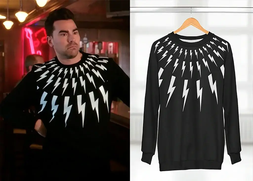It's hard to beat this Schitt's Creek gift. Image of a black sweater with lightning bolts on it.
