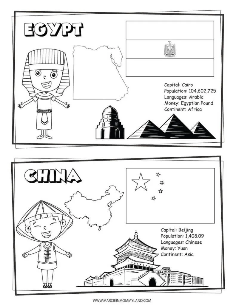 These Printable Coloring Pages of People All Around the World include Egypt and China. Image of a geography coloring sheet with Egypt on top and China on bottom.