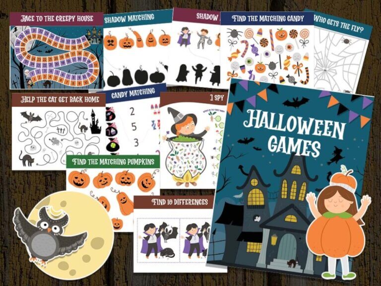 Get the best free printable Halloween activities for kids by top Seattle blog Marcie in Mommyland. Image of a bunch of Halloween activities and games.