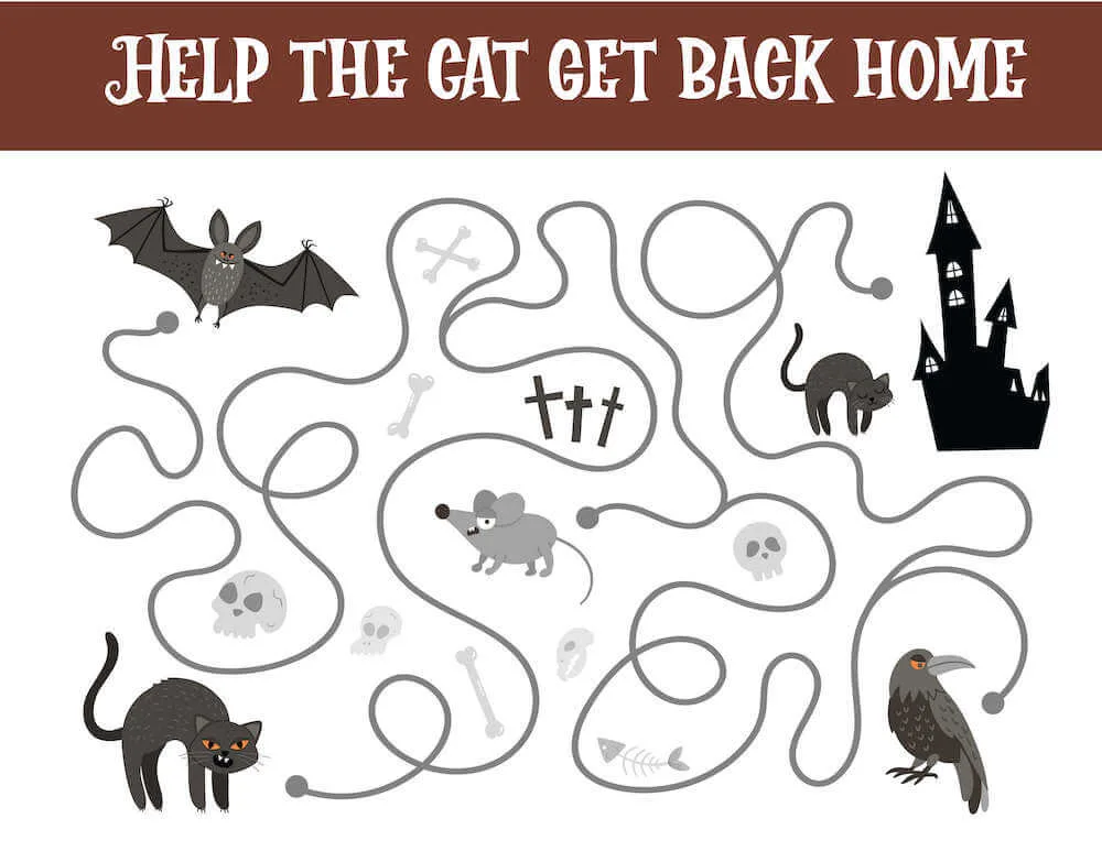 Help the black cat get back home with this Halloween worksheet for kids. Image of a haunted house, raven, rate, black cats, skulls. 