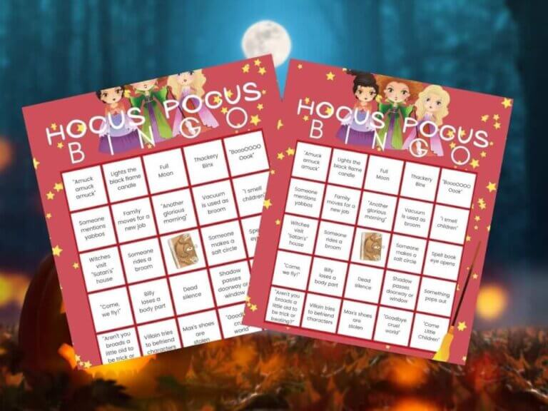 Get this free Disney printable Hocus Pocus bingo game by top Seattle blog Marcie in Mommyland. Image of Hocus Pocus movie bingo cards.