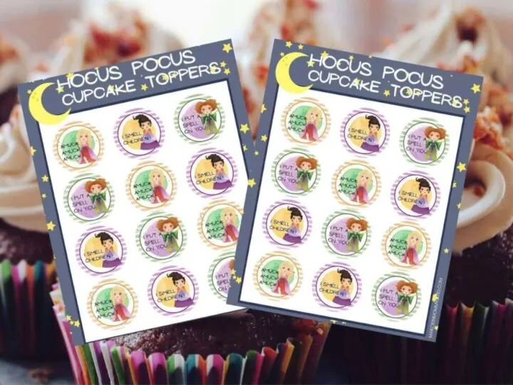 Get these free Hocus Pocus cupcake toppers printable by top Seattle blog Marcie in Mommyland. Image of two pages of printable Hocus Pocus cupcake toppers.