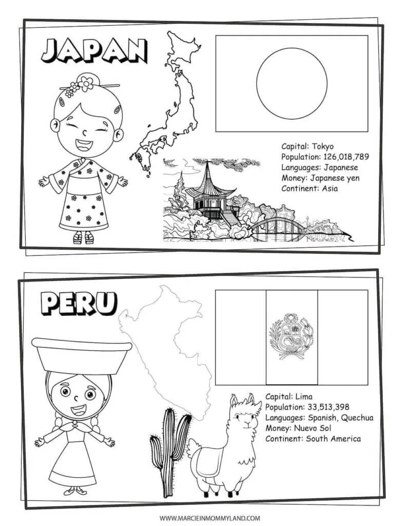 These Printable Coloring Pages of People All Around the World include Japan and Peru. Image of a geography coloring sheet with Japan on top and Peru on bottom.