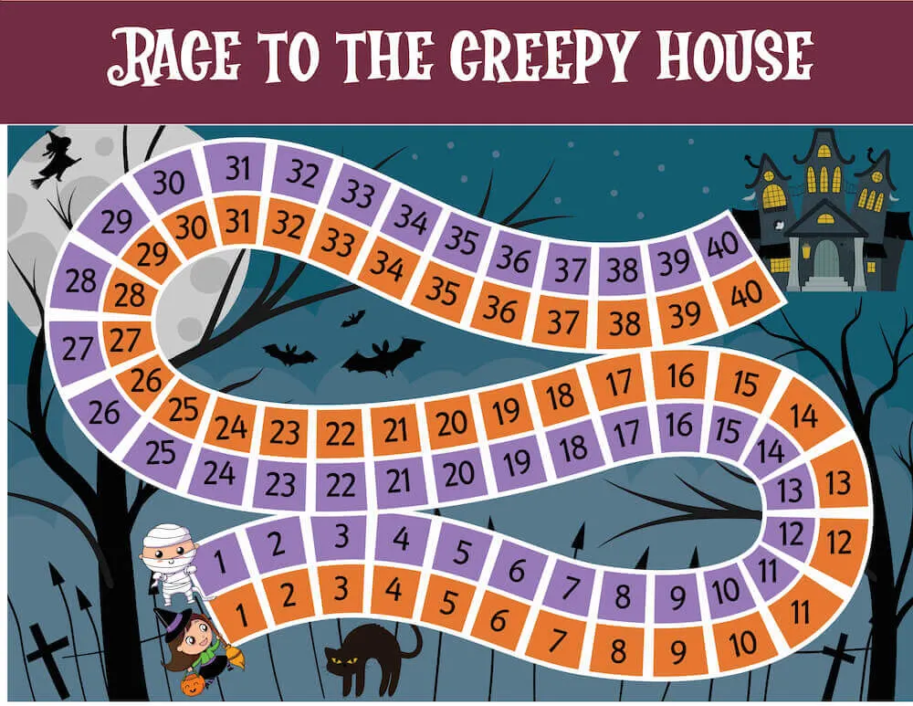 Another great Printable Halloween Activity for Kids is this Race to the Creepy House Halloween game. Image of a spooky house with a mummy and witch.