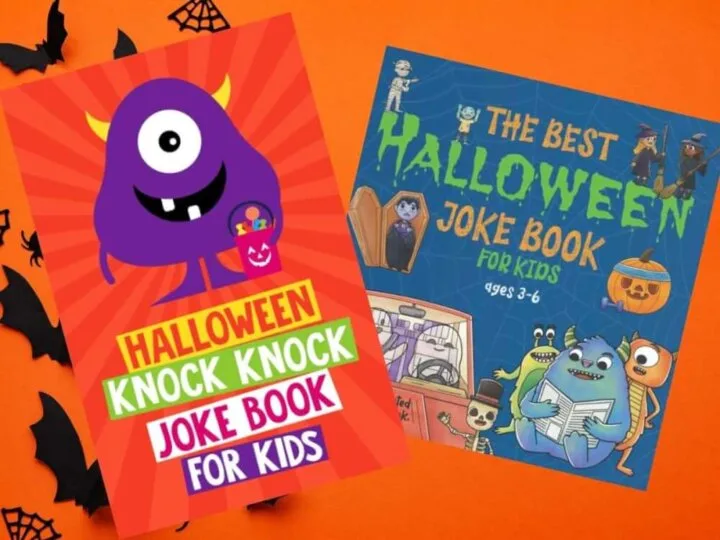 Find out the best Halloween joke books for kids recommended by top Seattle blog Marcie in Mommyland. Image of two Halloween joke books on an orange background.