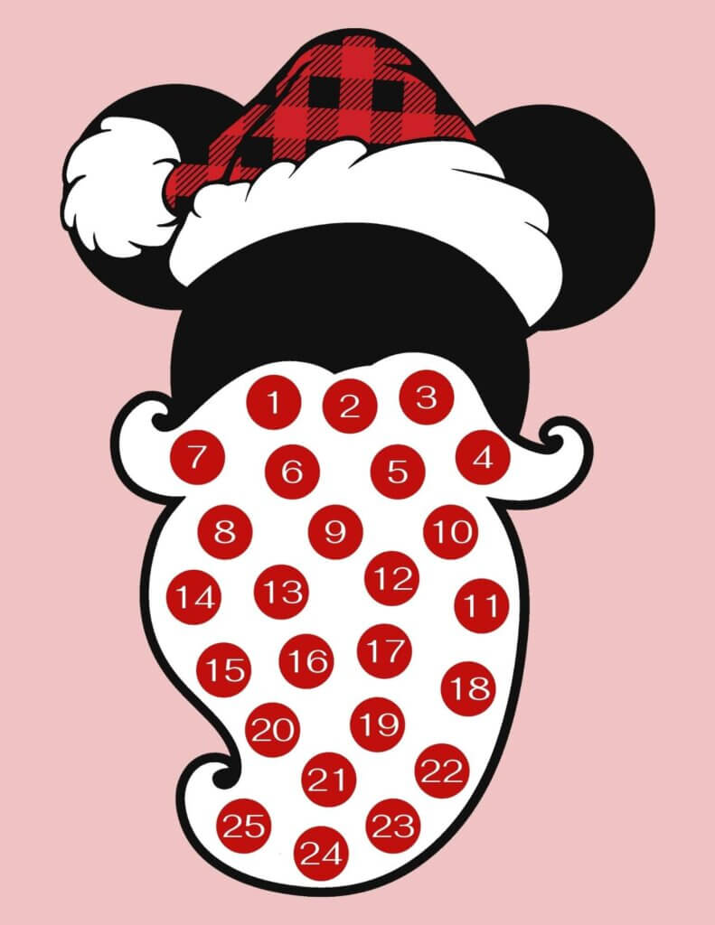 Image of a Santa Mickey printable with red dots with numbers on them. This is where you'd put cotton balls on this Disney Christmas countdown printable.