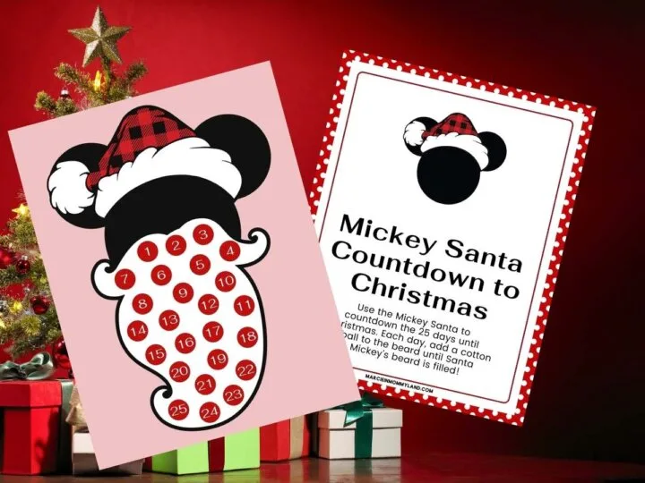 Get this free Disney Christmas countdown printable by top Disney blog Marcie in Mommyland. Image of a Mickey Santa printable