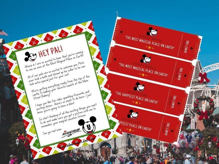 Get this free printable Disney surprise letter by top Disney blogger Marcie in Mommyland. Image of a letter from Mickey Mouse and fake tickets to Disneyland
