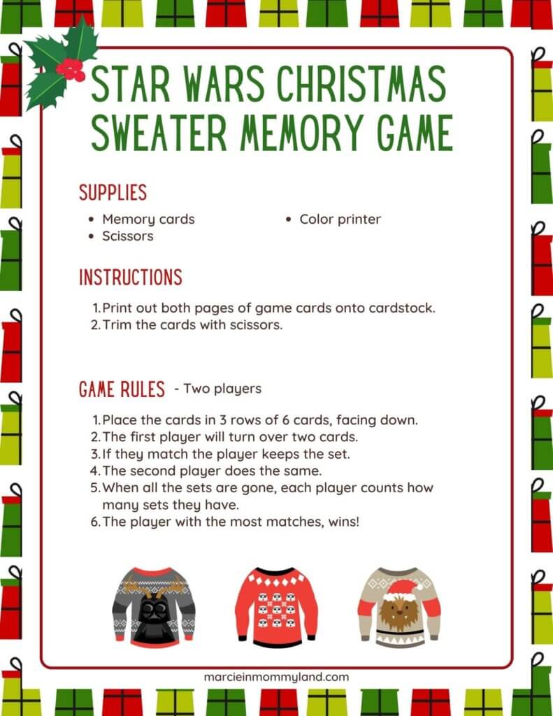 Image of a printable piece of paper with instructions on how to play a Star Wars Christmas matching game.