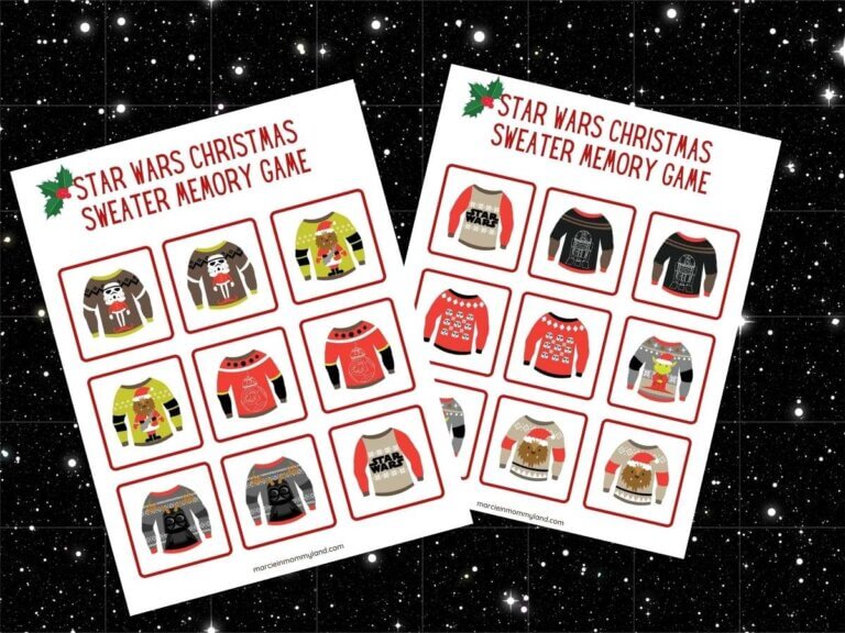 Download this free Star Wars Christmas Memory Game by top Disney blog Marcie in Mommyland. Image of two printable Star Wars Ugly Christmas Sweater pages.