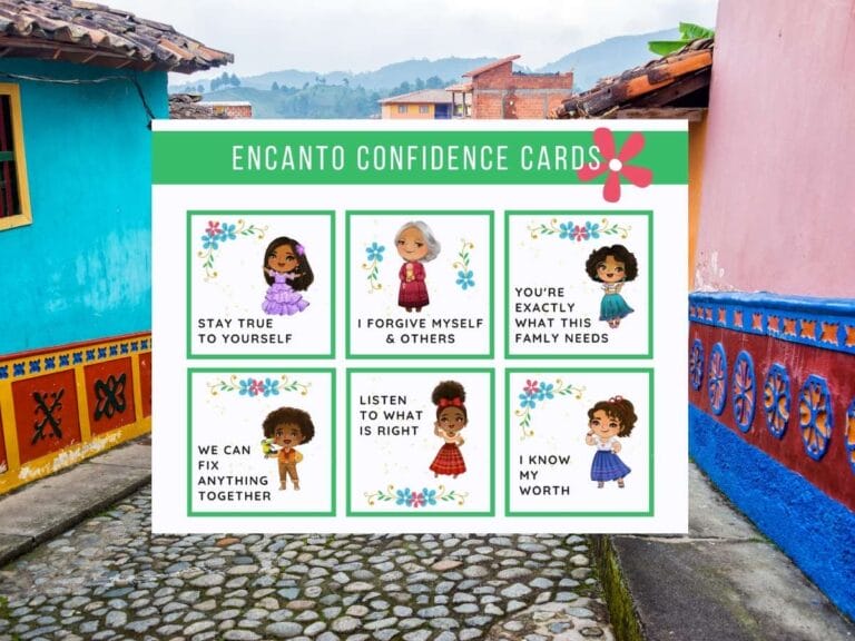 Get these free Disney Encanto printable confidence cards by top Disney blog Marcie and the Mouse. Image of printable cards featuring characters from Disney's Encanto with positive messages on them.