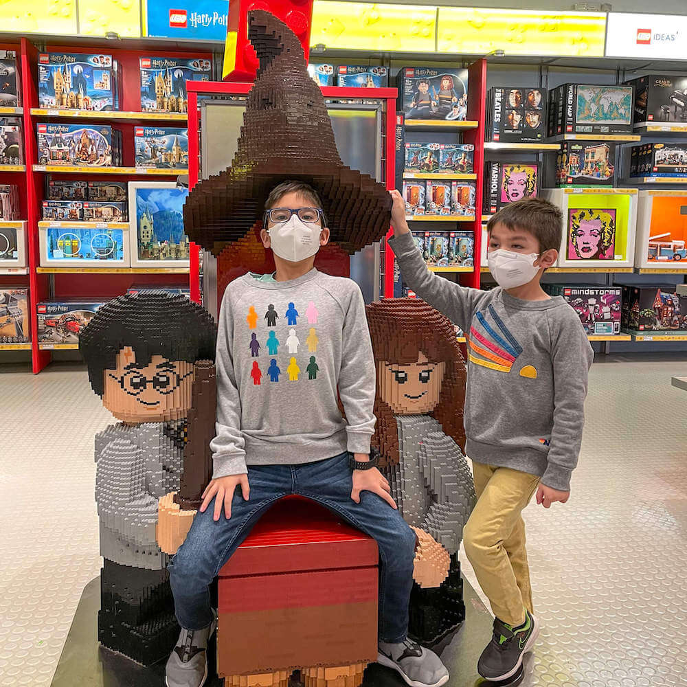 Image of two boys posing with LEGO Harry Potter characters at the LEGO store at LEGOLAND California